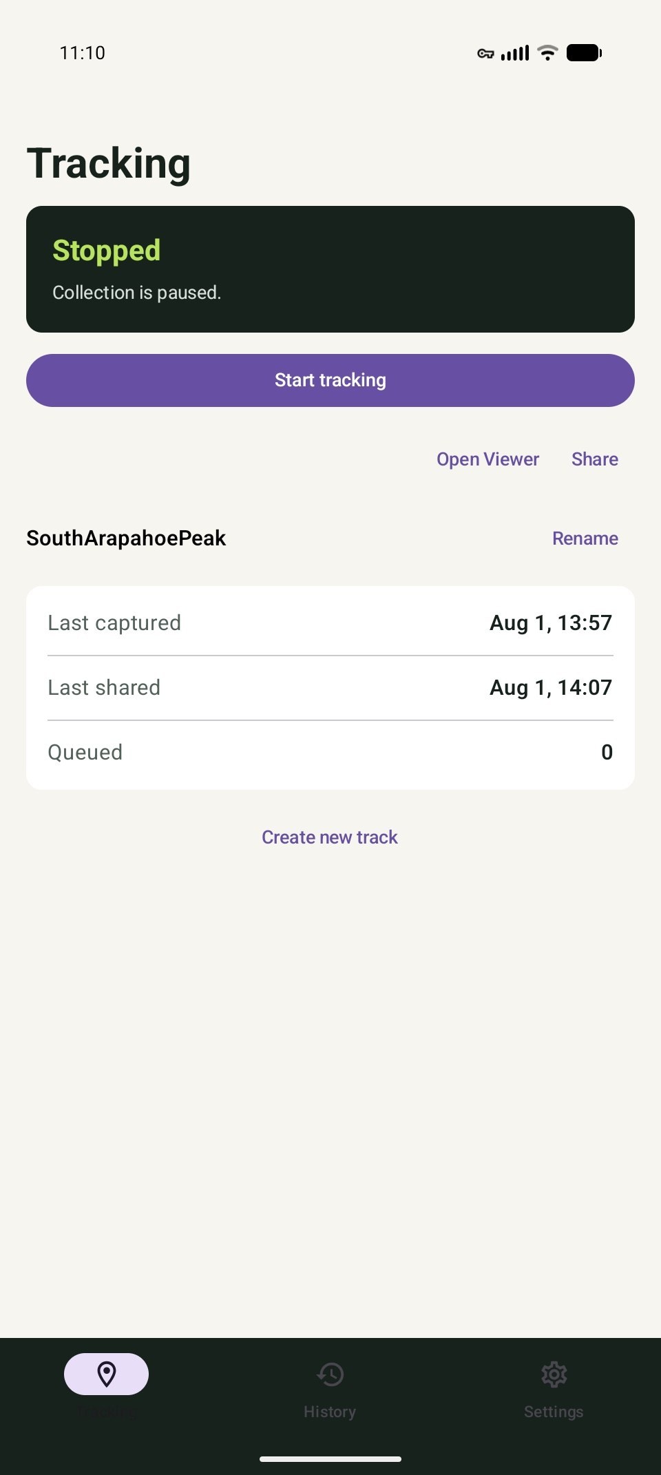 Android Backcountry Tracker screen showing the Tracking view for SouthArapahoePeak, stopped collection, recent capture and sharing times, and zero queued points.